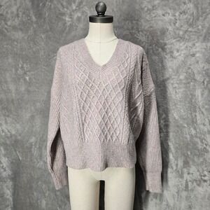 Love Knits NYC Women XL V Neck Cable Knit MultiColor Granola Thread Sweater Cozy